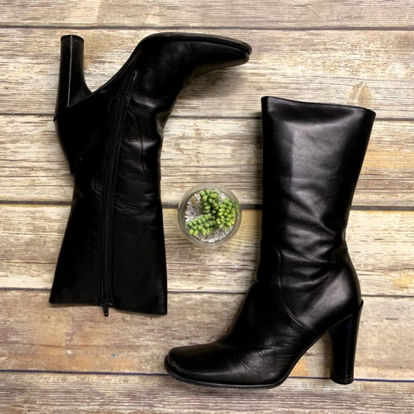 Via Spiga Black Leather Square Toe Tall Heel Boots - 